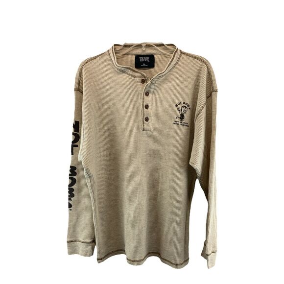 Tweed River Mens XL Henley Shirt Thermal Long Sleeve Beige Button Not Bobs Print - Picture 1 of 10